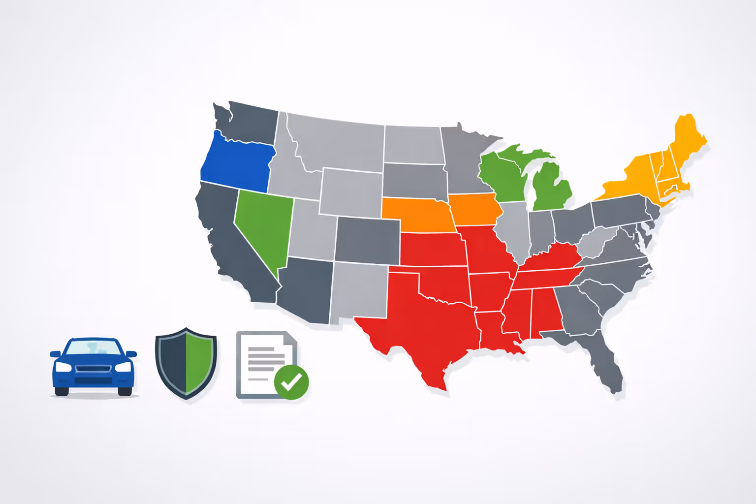 Map of the United States highlighting different car insurance rules by state
