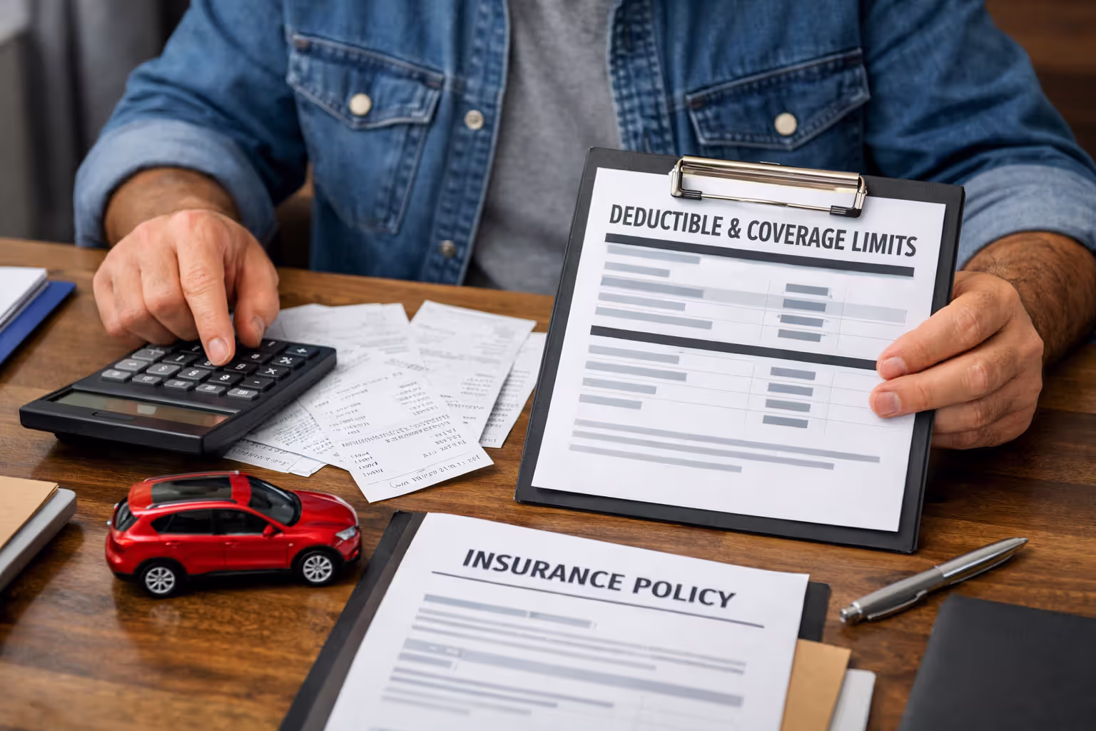 Driver calculating car insurance deductible and coverage costs