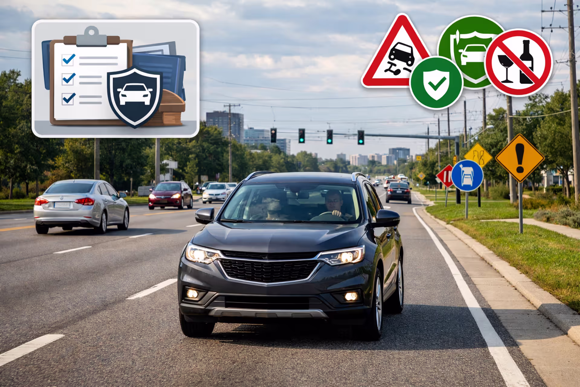 Cars driving on an American road illustrating car insurance requirements