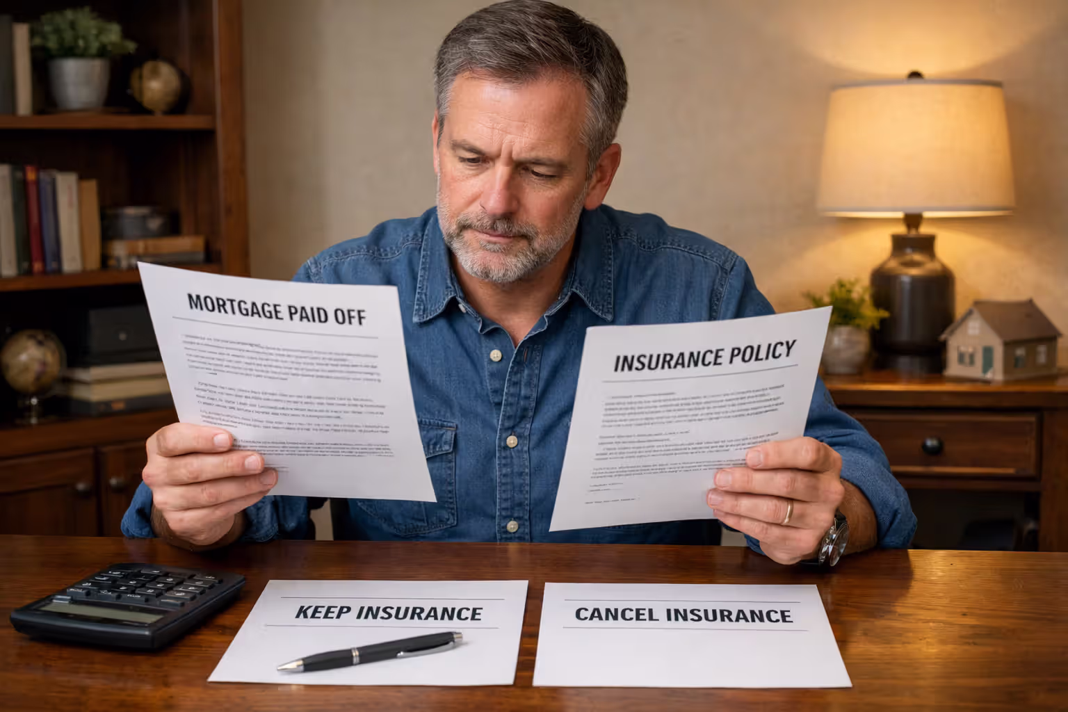 Homeowner reviewing mortgage payoff and insurance papers