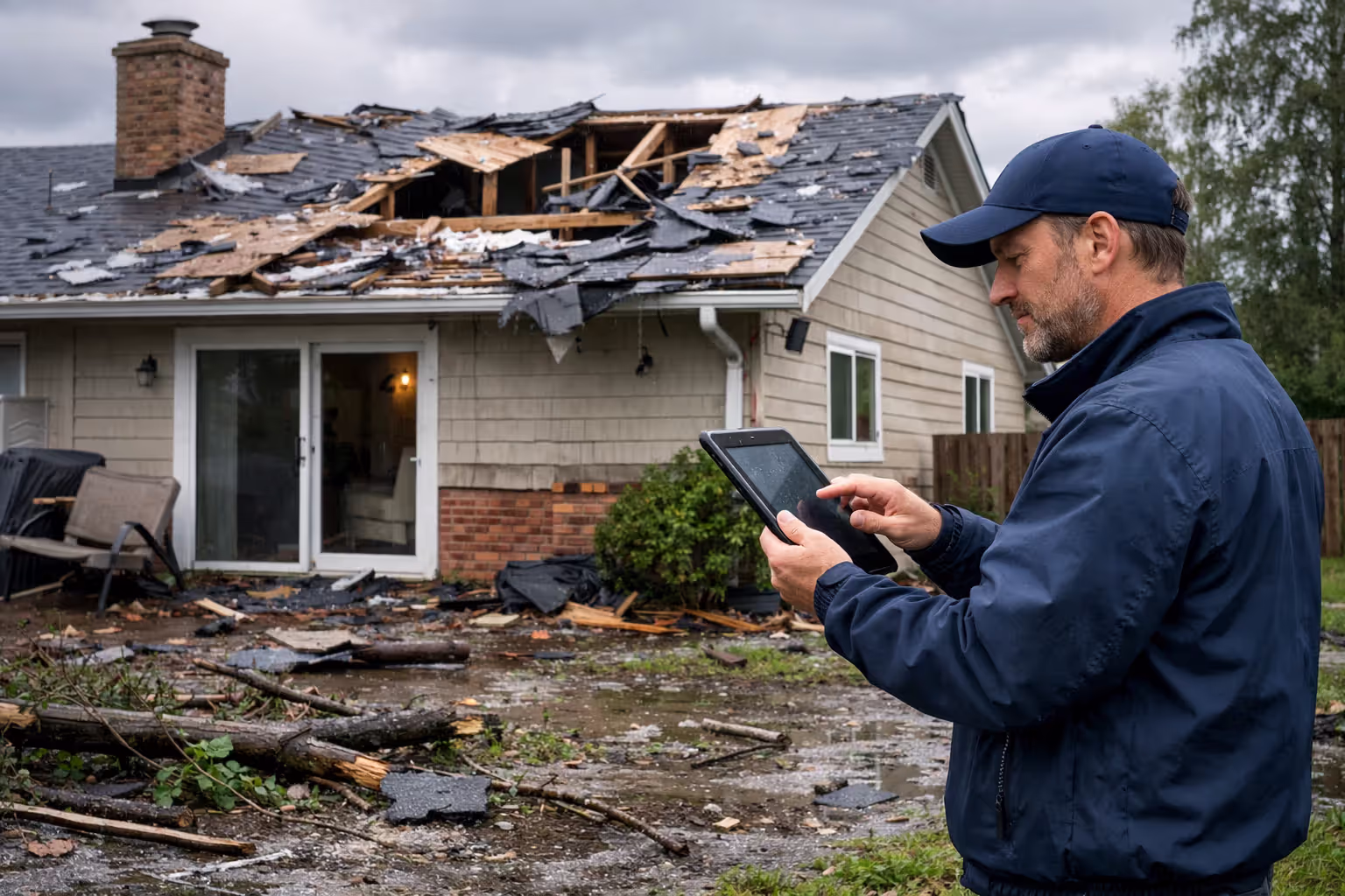 Storm-damaged roof being inspected for an insurance claim