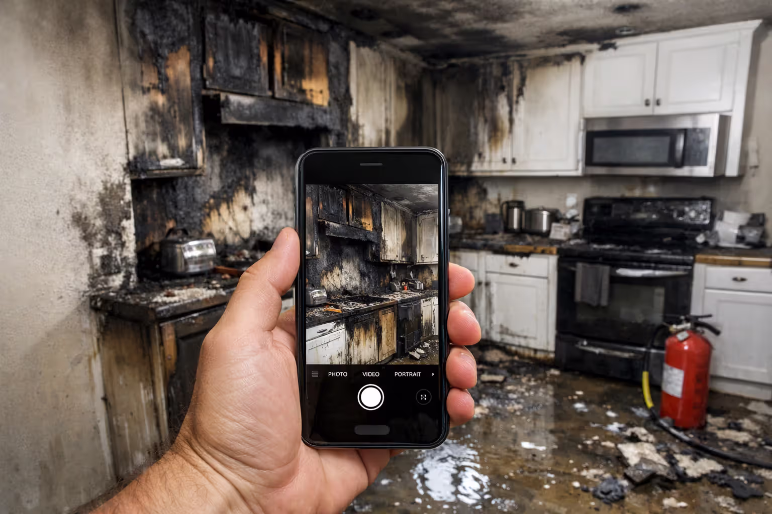 Homeowner documenting kitchen damage for an insurance claim