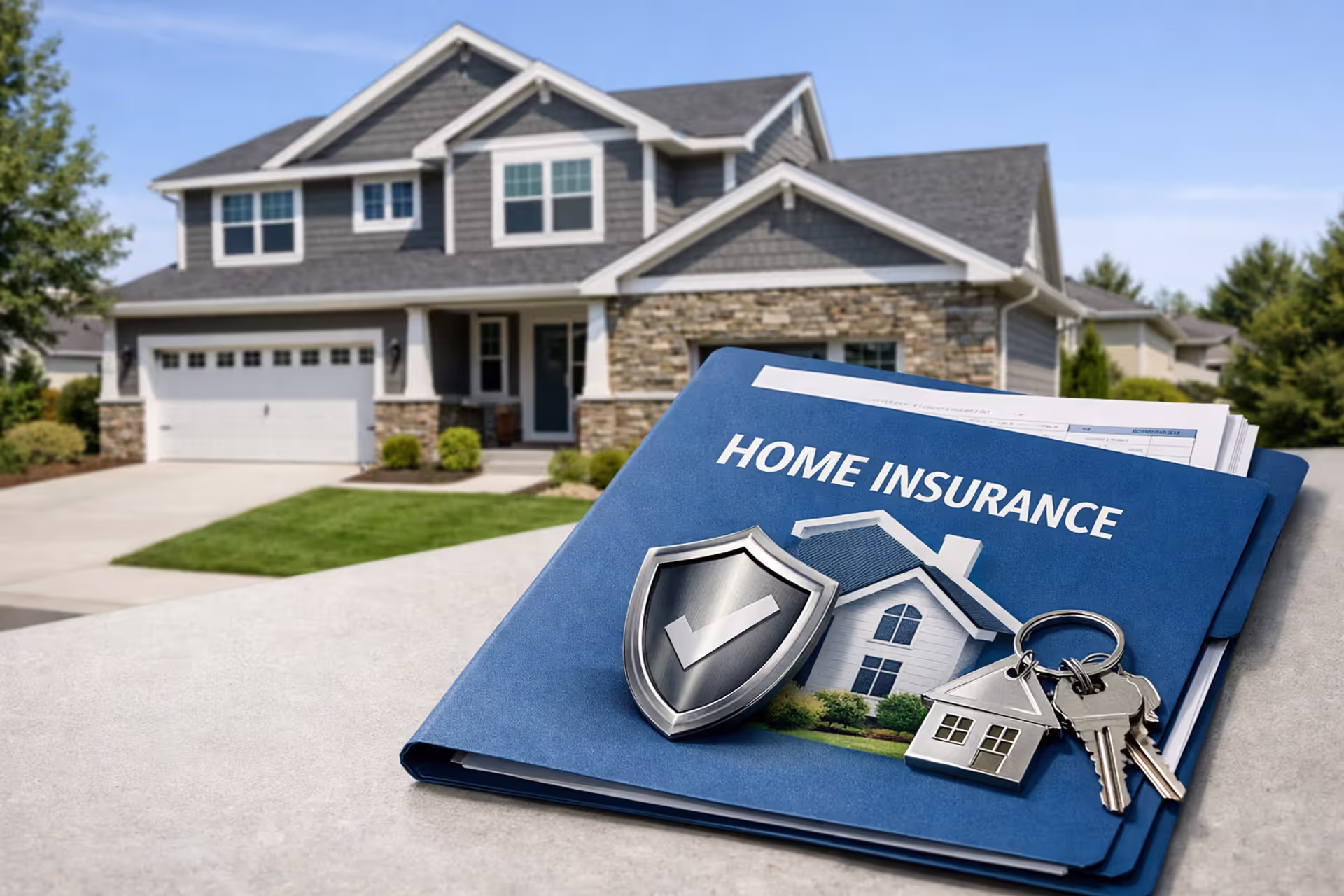 Homeowners insurance documents and house exterior