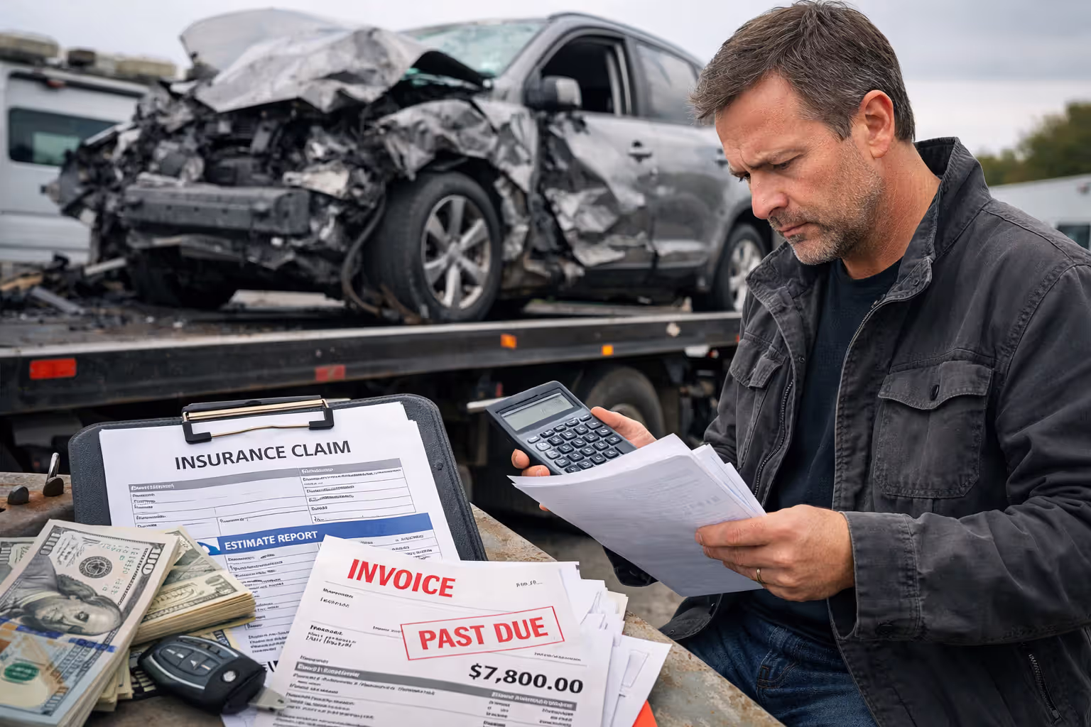 Damaged SUV with owner reviewing insurance documents after an accident