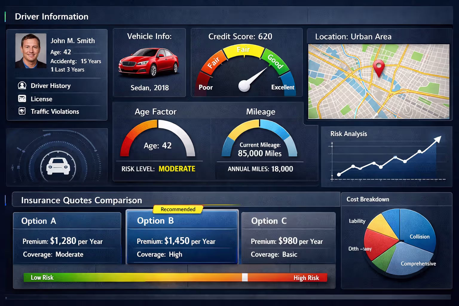 Insurance premium calculation dashboard with driver risk factors and quote comparison