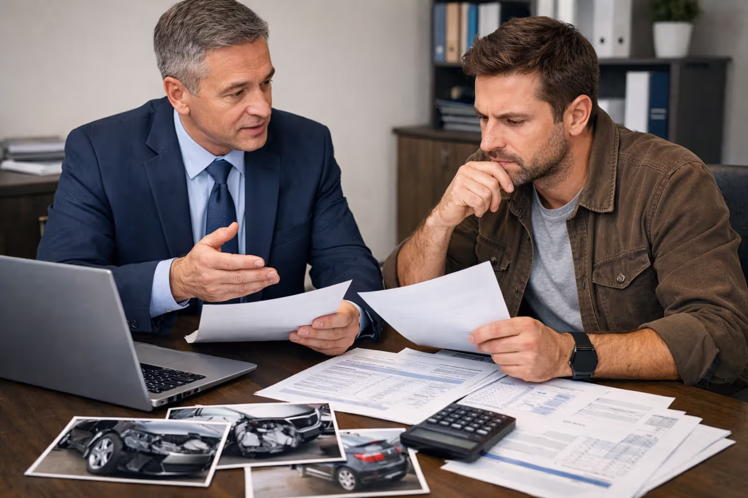 Driver reviewing claim dispute documents during an insurance settlement discussion