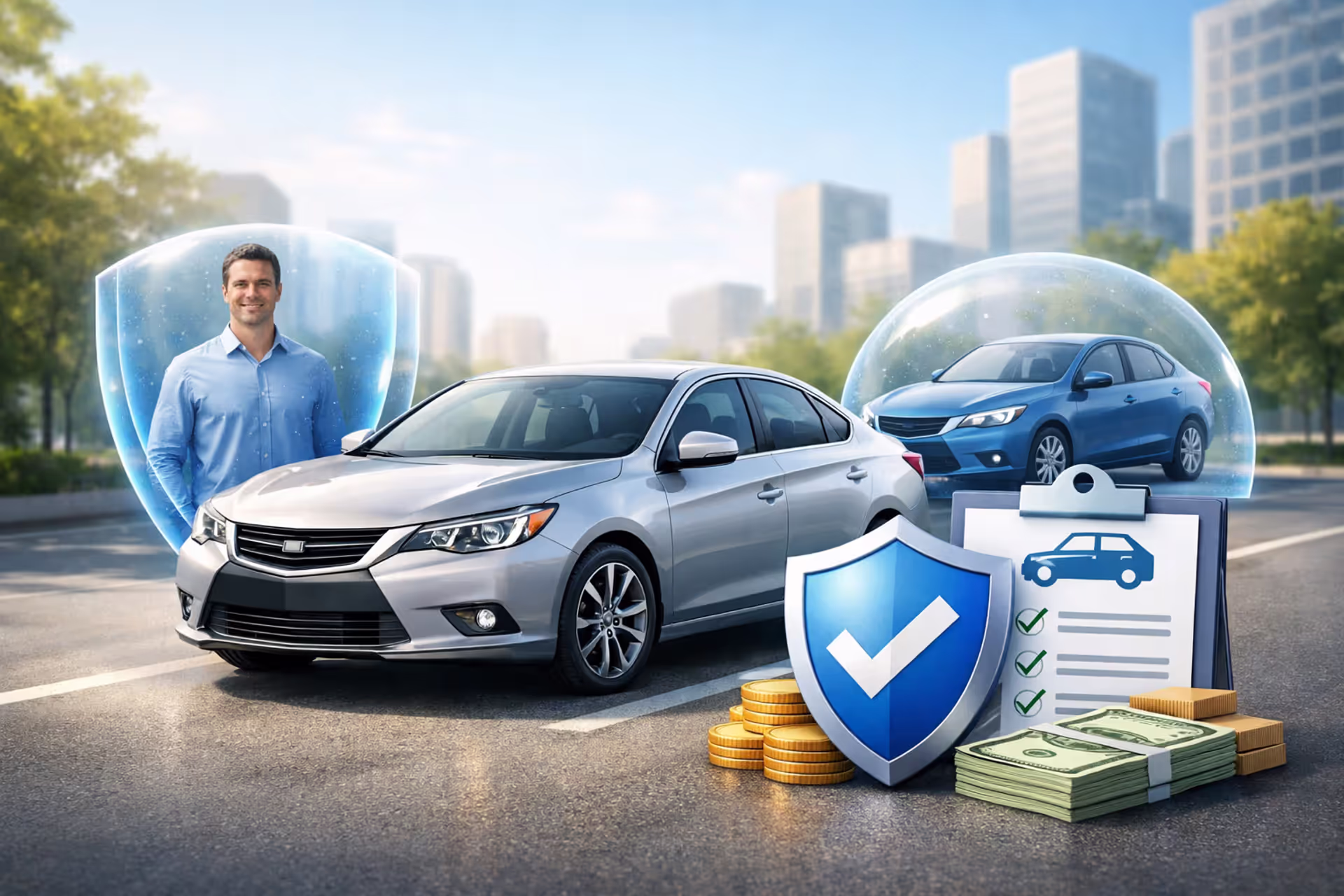 Car insurance concept with driver, vehicle and policy protection elements