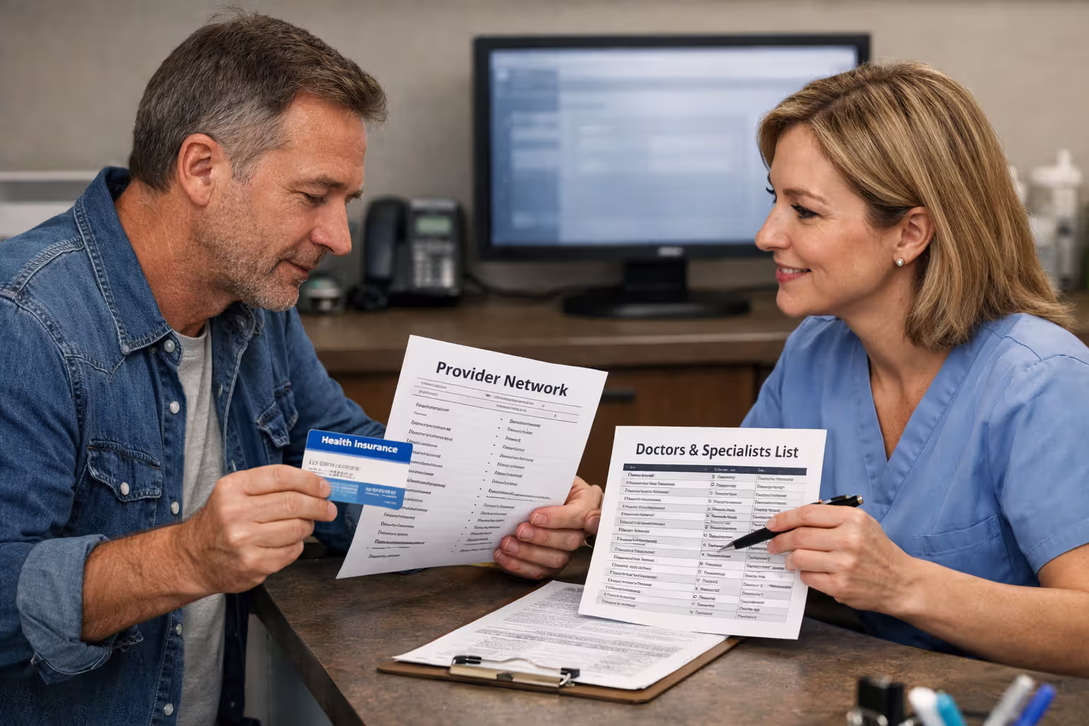 Patient confirming in-network provider information at a clinic desk