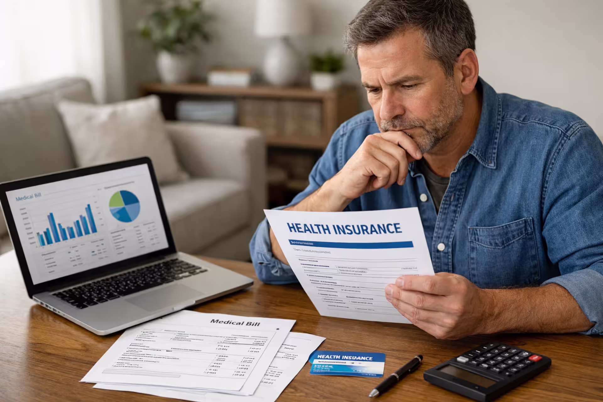 Person reviewing health insurance documents and medical bills at home