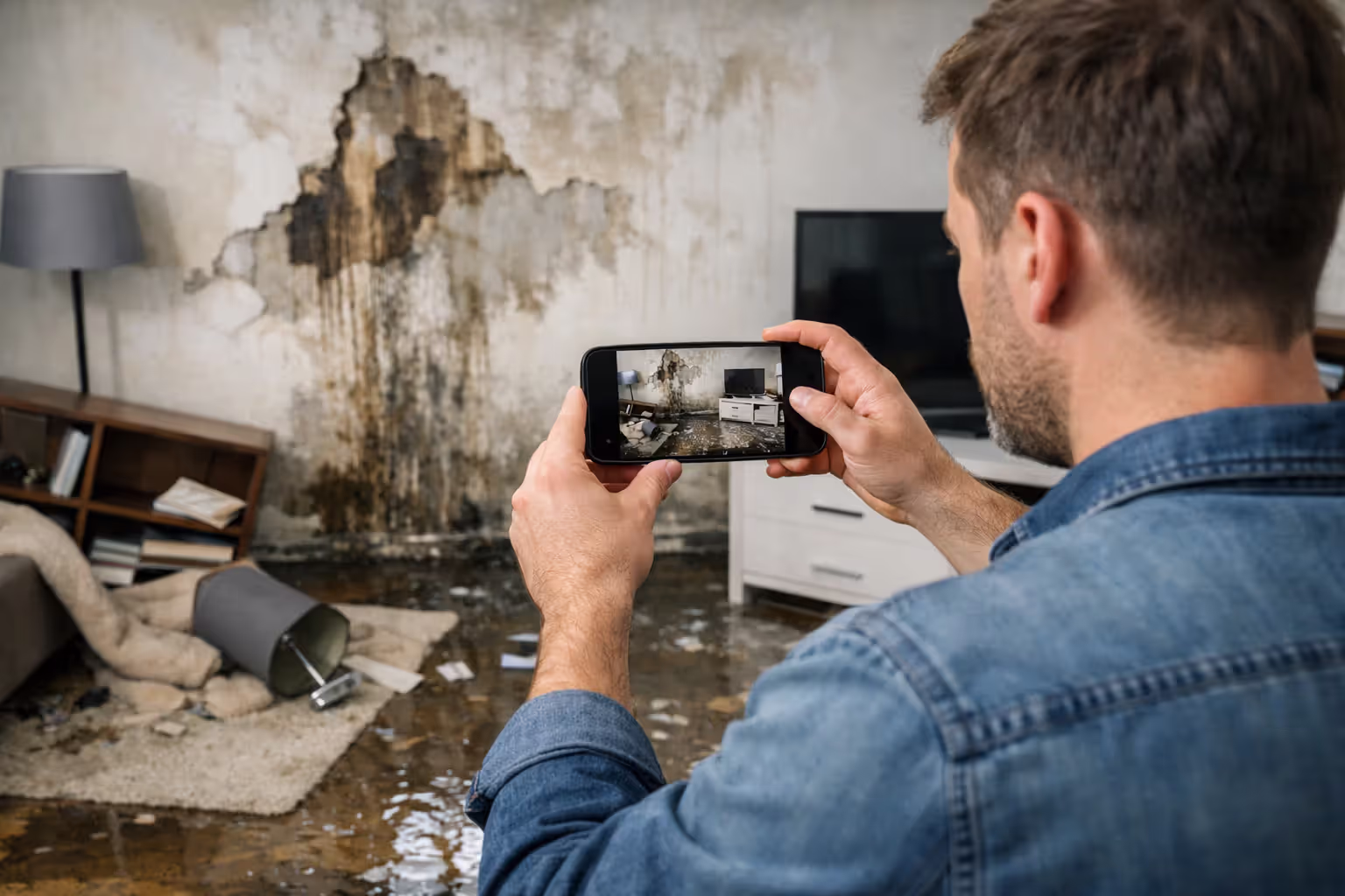 Homeowner documenting property damage with a smartphone