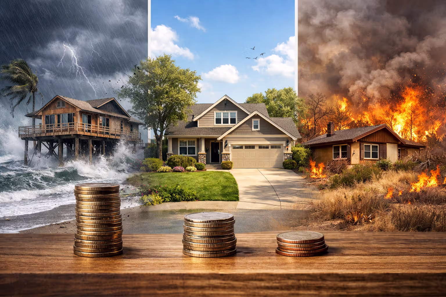 Different homes in coastal, suburban, and wildfire-risk areas