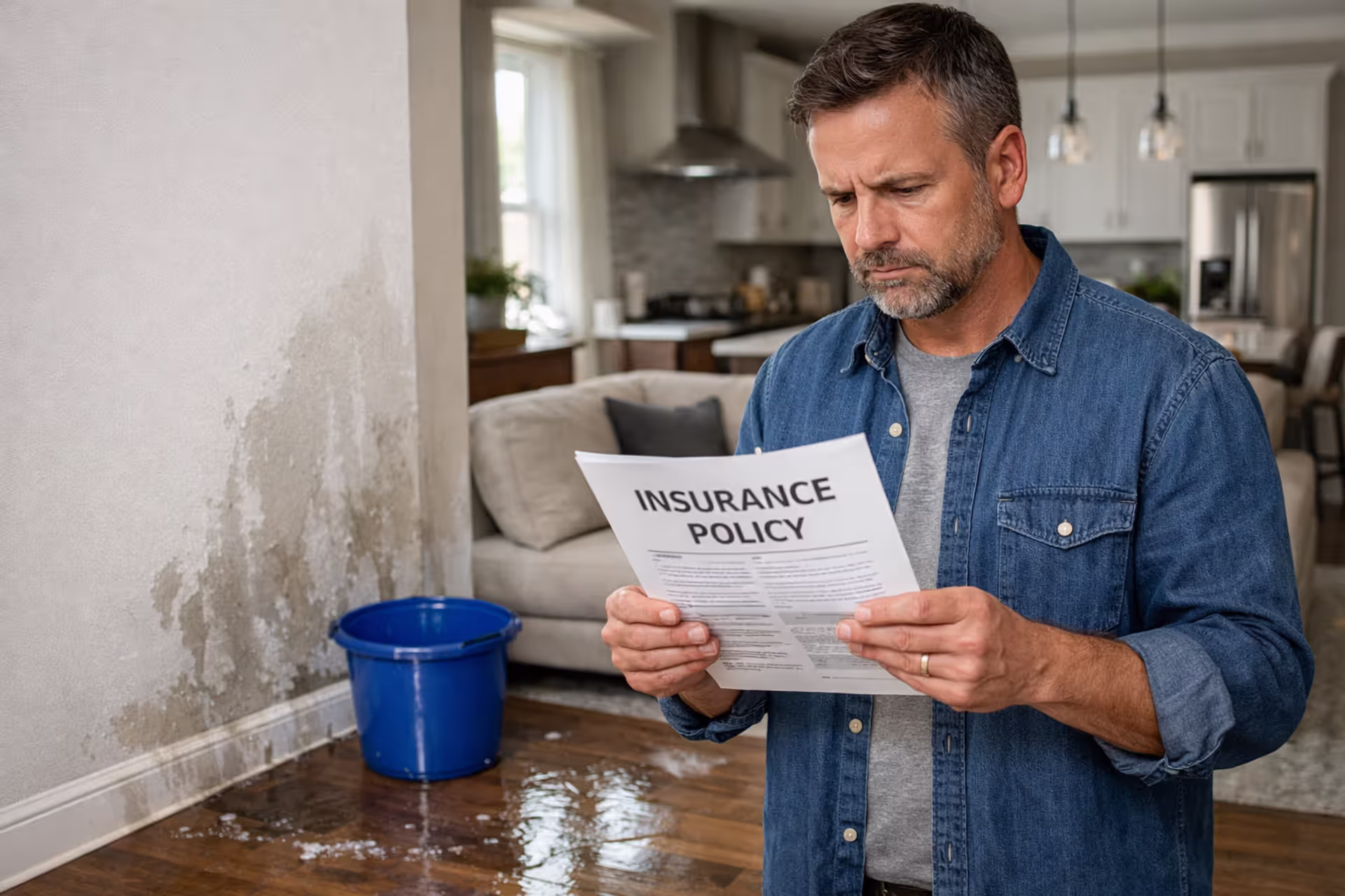 Homeowner reviewing an insurance policy in a damaged living room