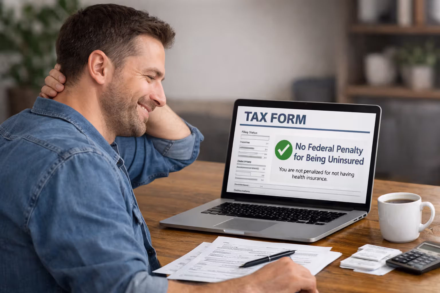 Person reviewing tax documents and learning there is no federal health insurance penalty