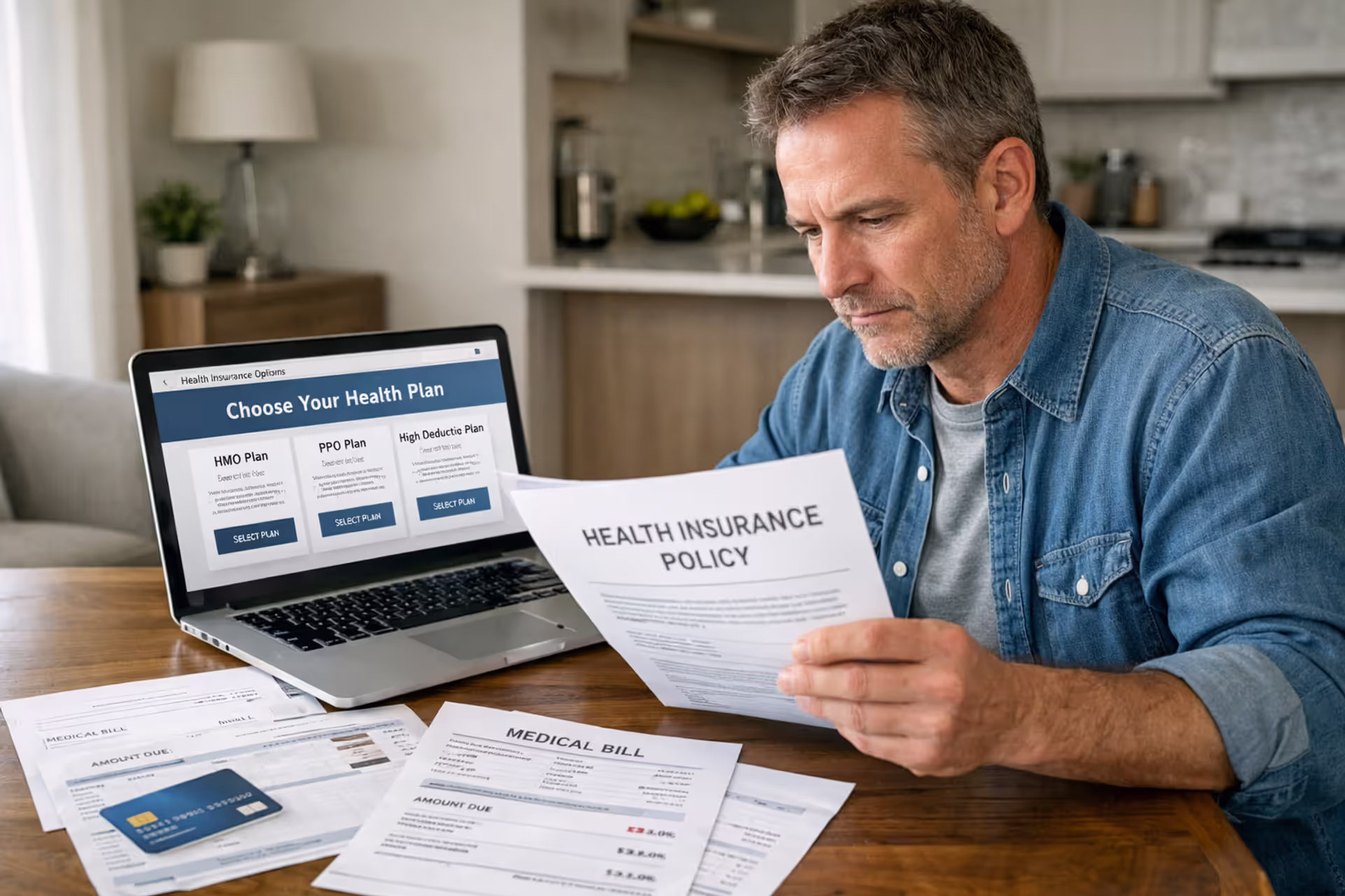 Person reviewing health insurance options and medical bills at home