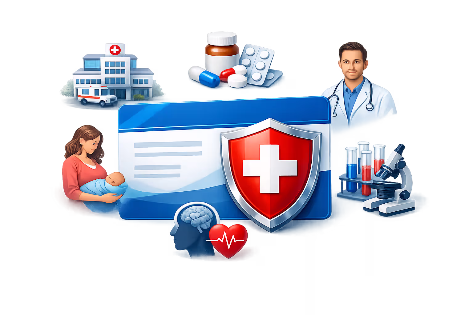 Health insurance coverage concept with essential medical services icons