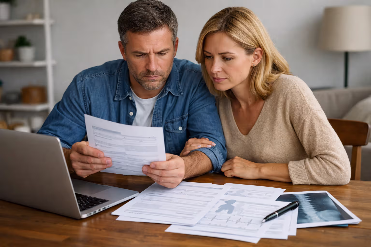 Patient reviewing insurance claim documents and benefits statement