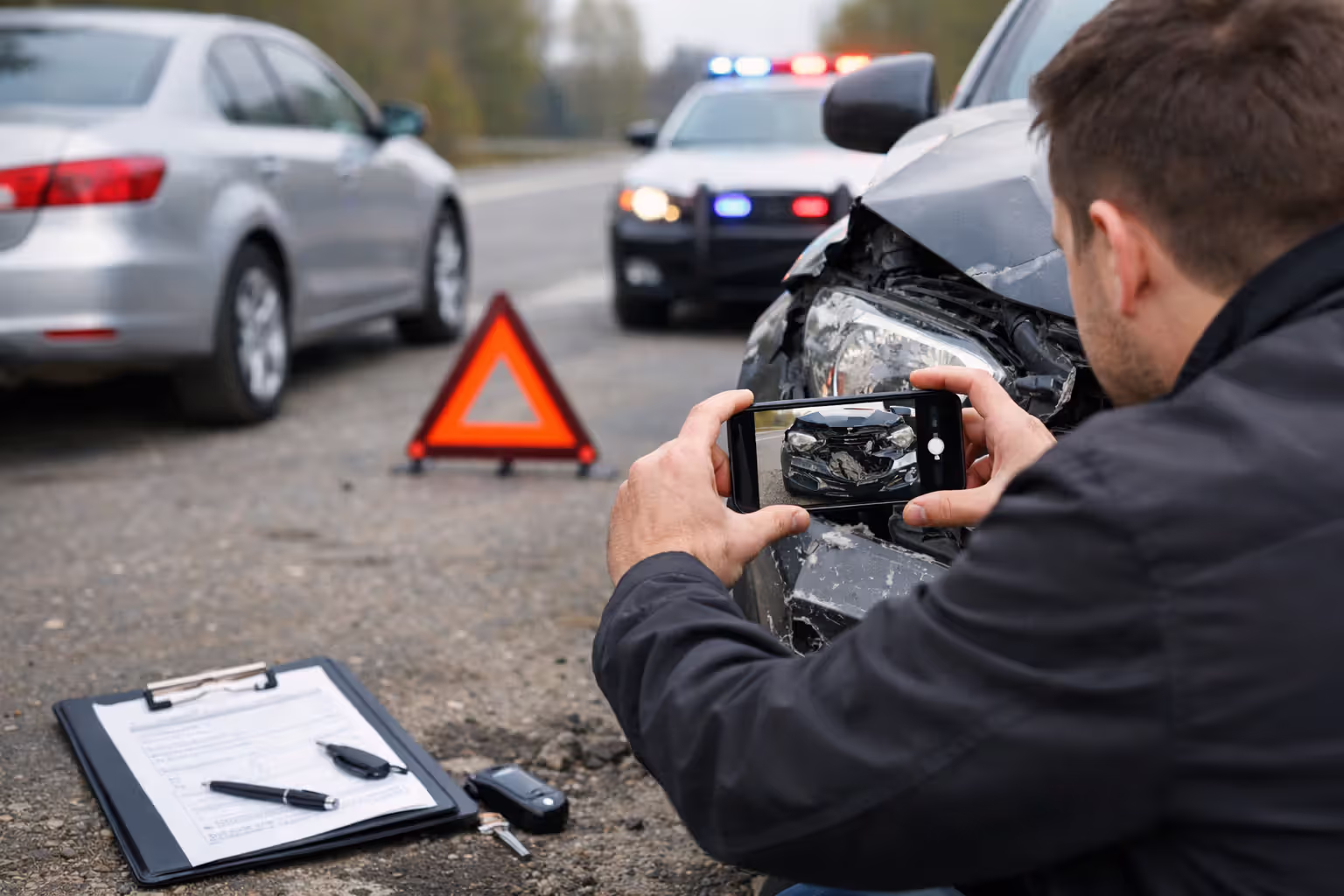 Driver documenting car accident damage with a smartphone