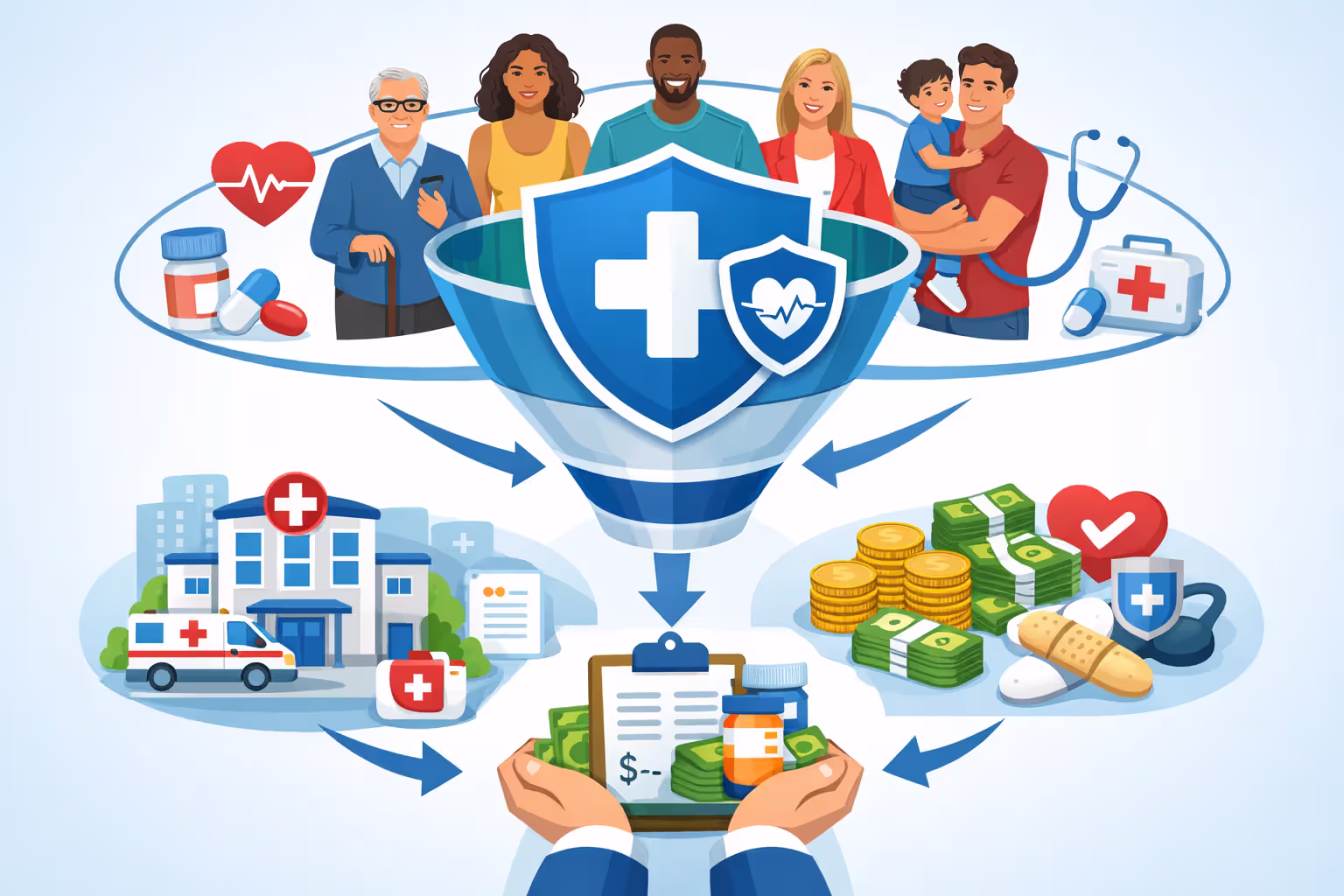 Illustration of risk pooling in health insurance with multiple people and medical symbols