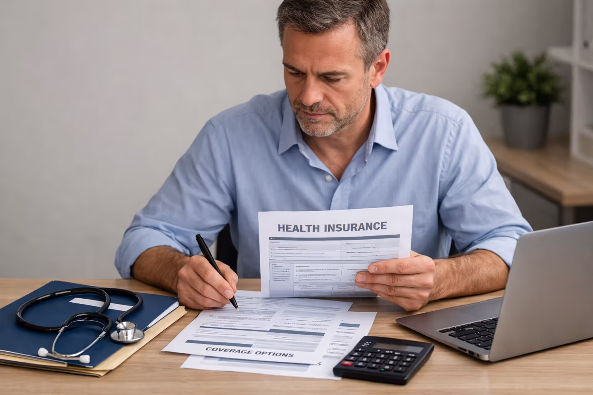 Person reviewing health insurance documents with medical items on a desk