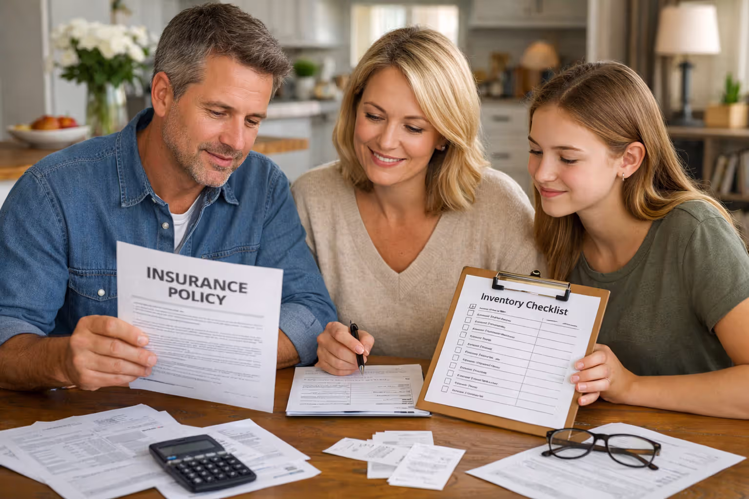 Family reviewing a homeowners insurance policy and home inventory documents