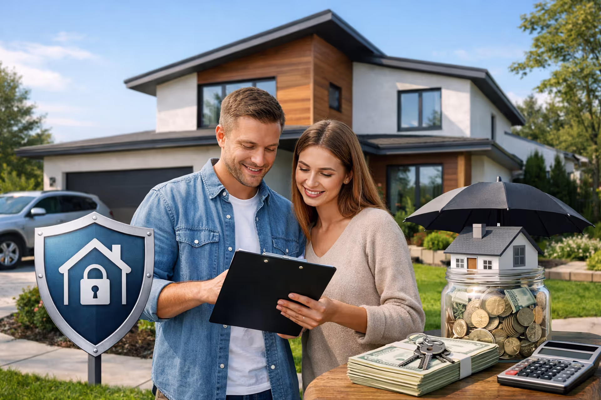 Family reviewing homeowners insurance documents in front of a suburban house