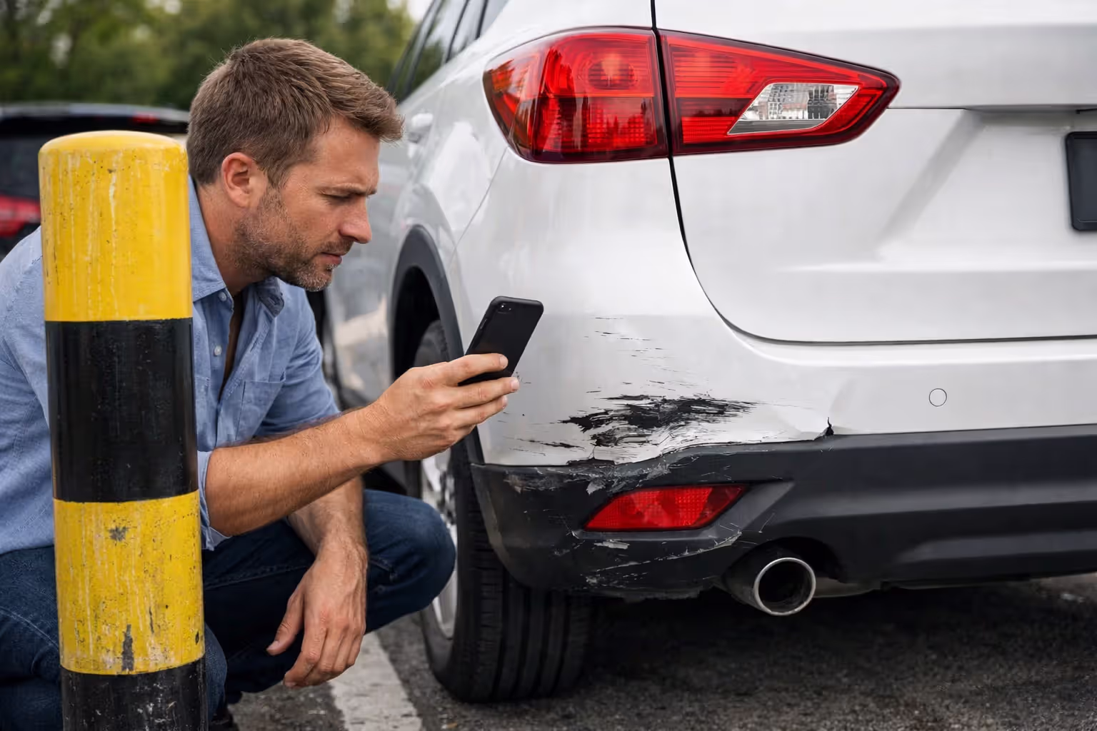 Rental SUV with minor collision damage in a parking lot