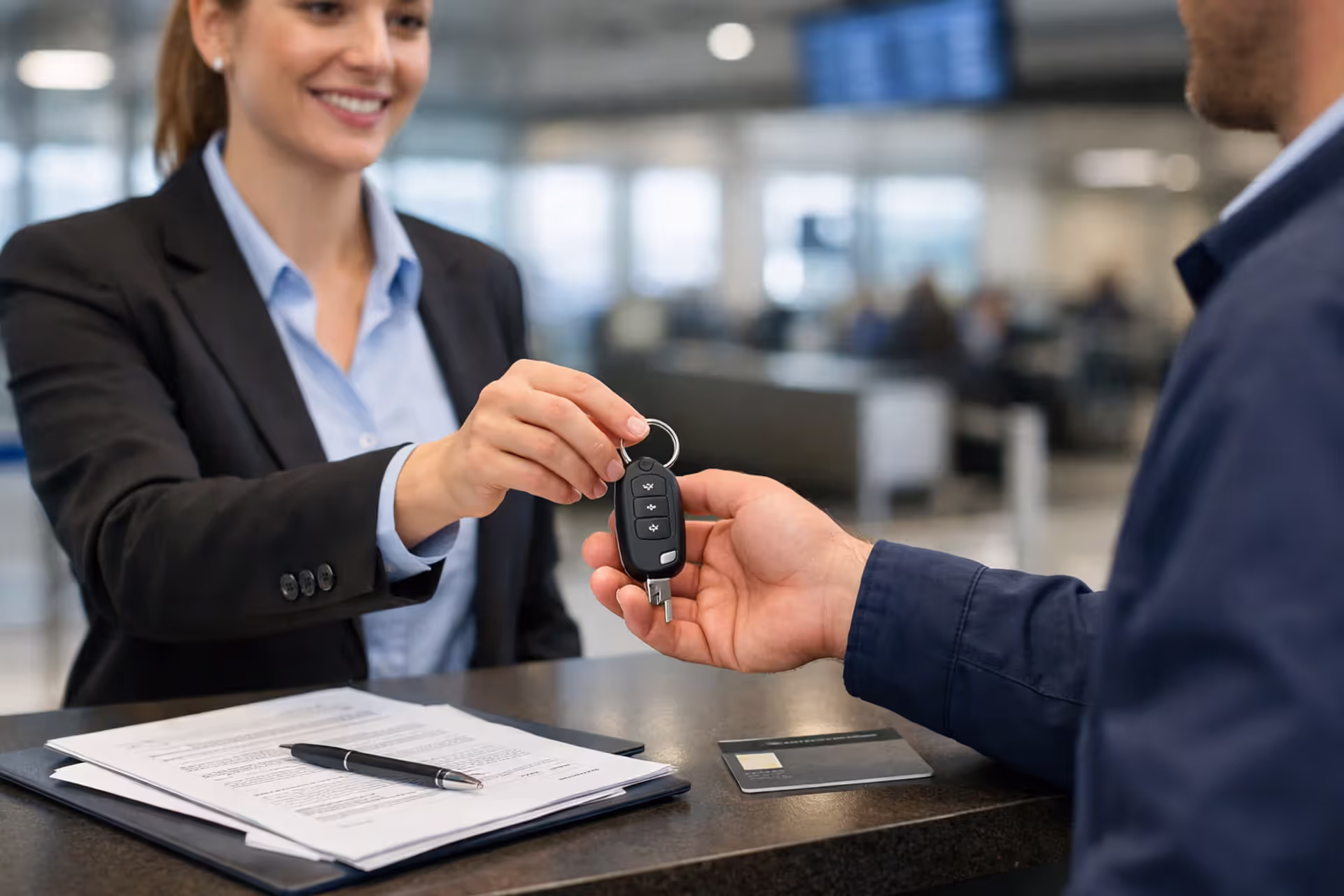 Customer picking up a rental car at an airport counter