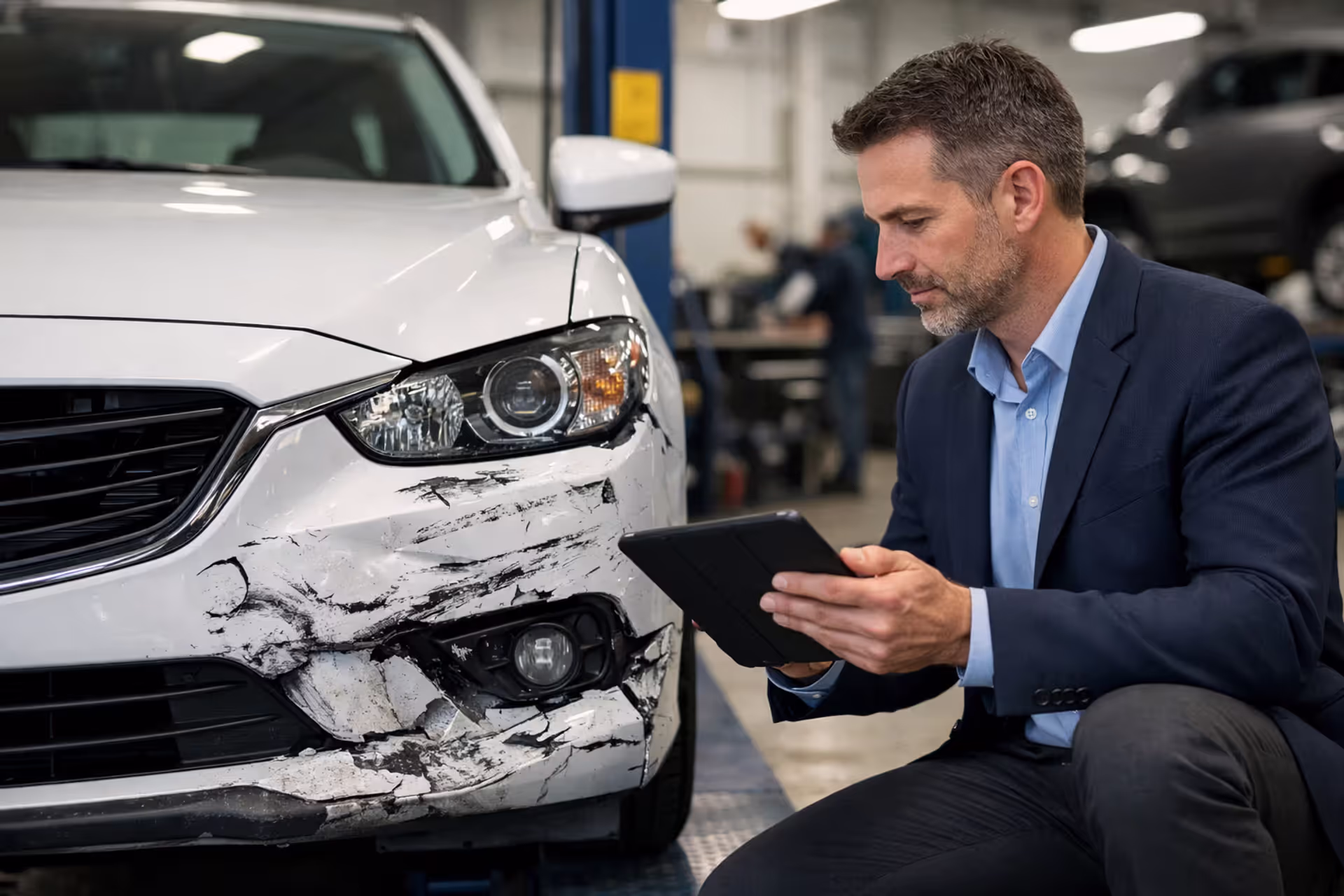 Damaged car being inspected by an insurance specialist at an auto repair shop