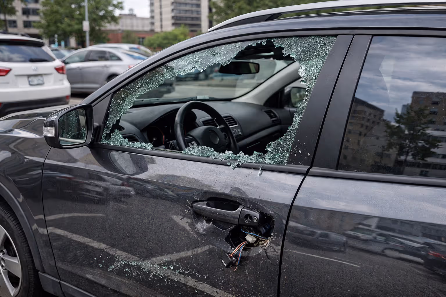 Damaged car window after a theft attempt in a parking area