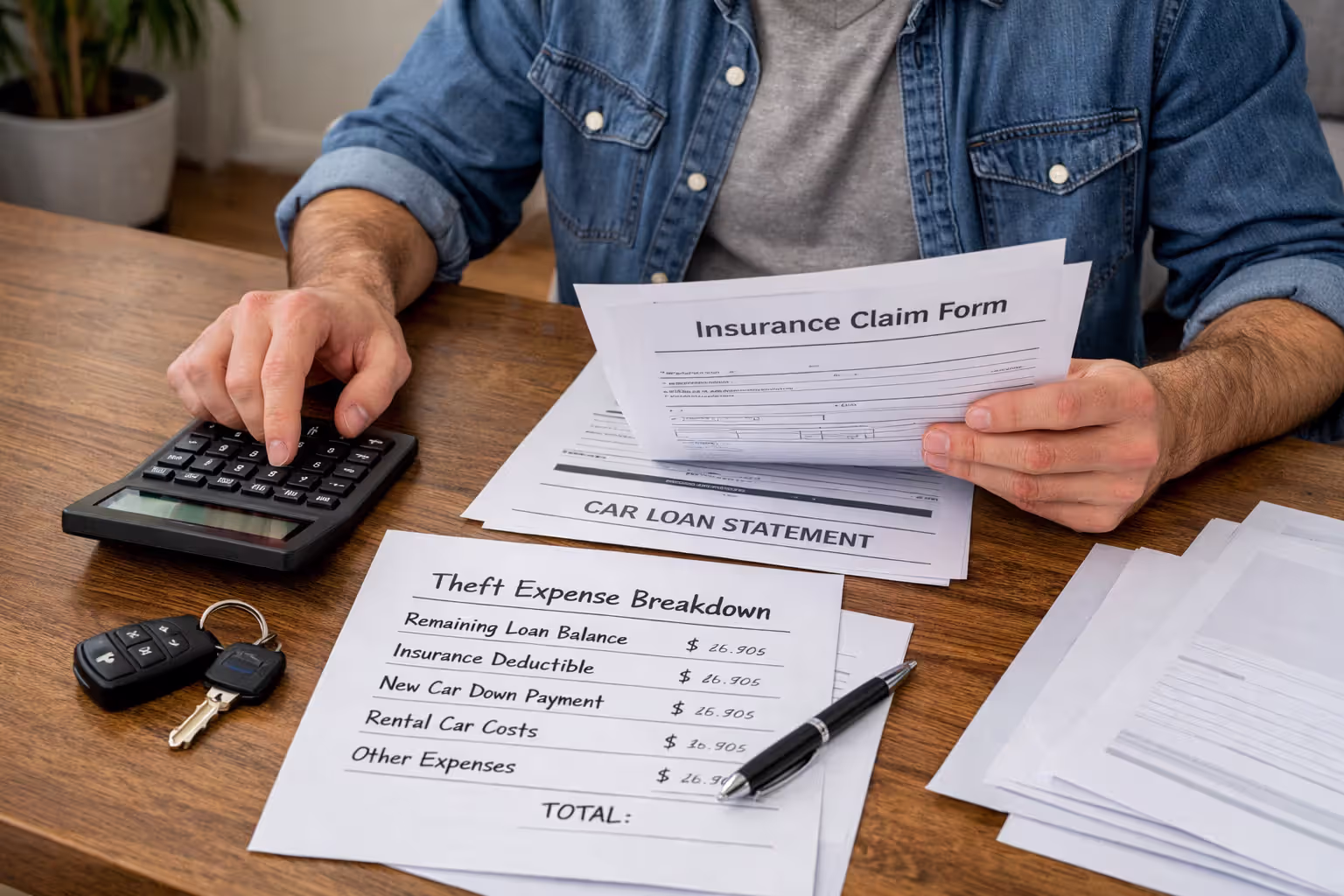 Person calculating car theft insurance payout and loan gap