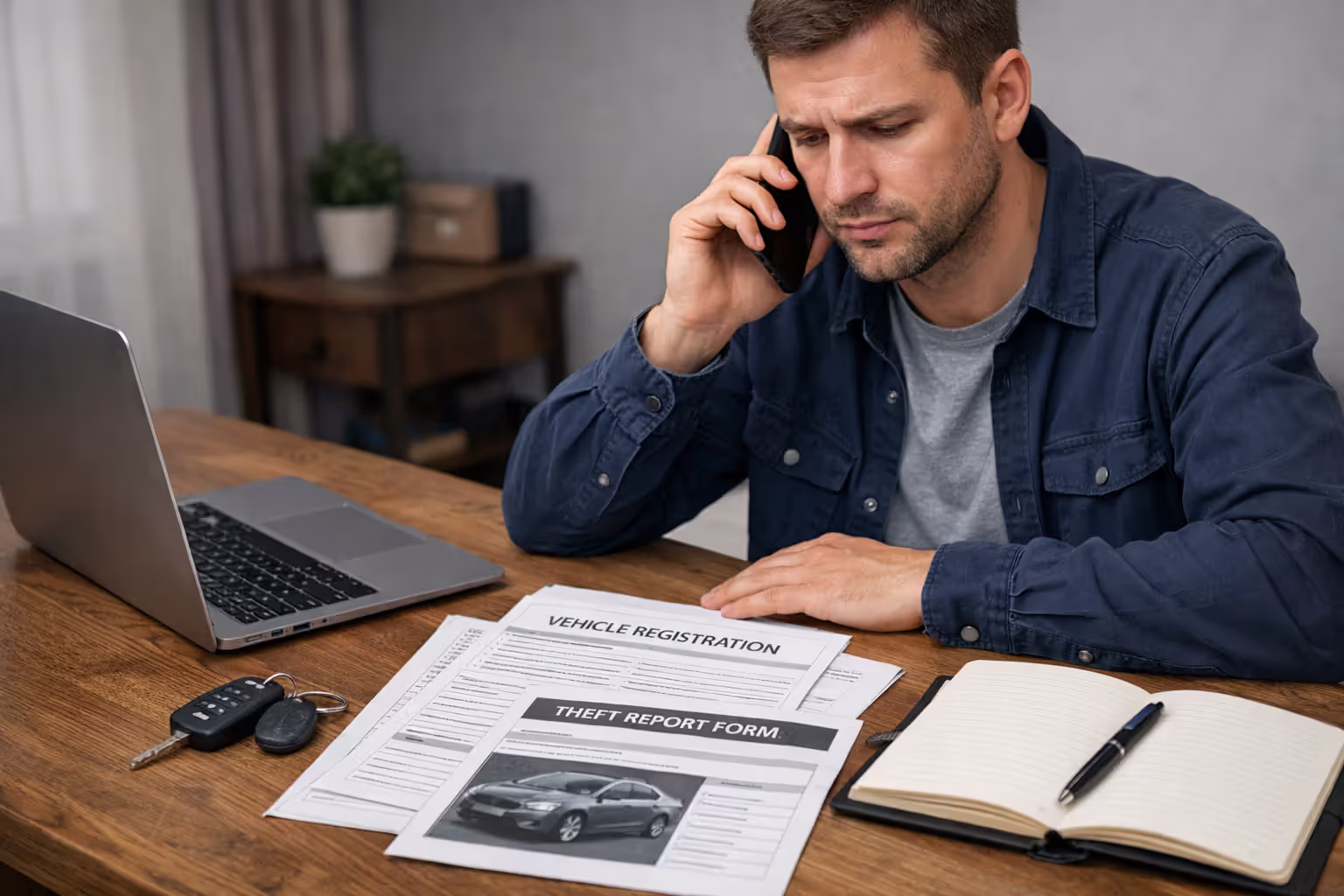 Person reporting a stolen car claim with documents on desk