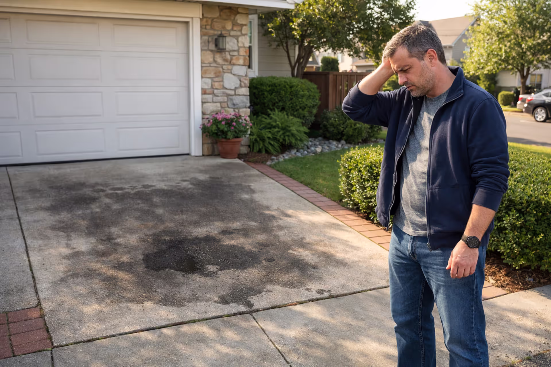 Car owner standing by an empty driveway after vehicle theft