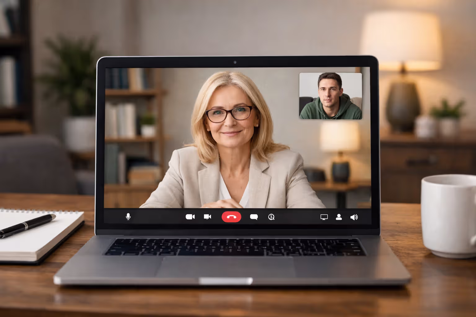 Online therapy session between a therapist and a patient on a laptop