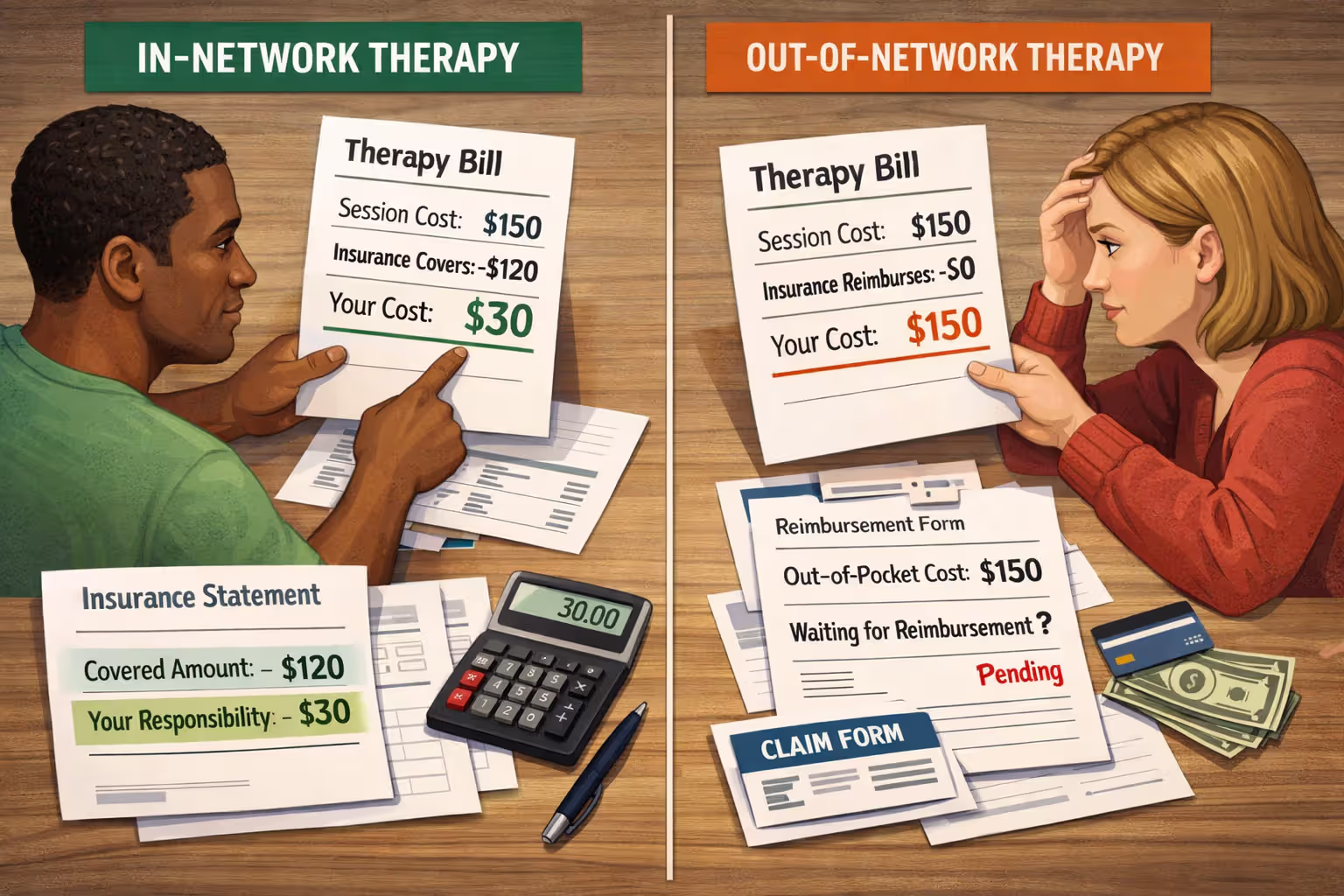 Comparison of in-network and out-of-network therapy costs with bills and documents