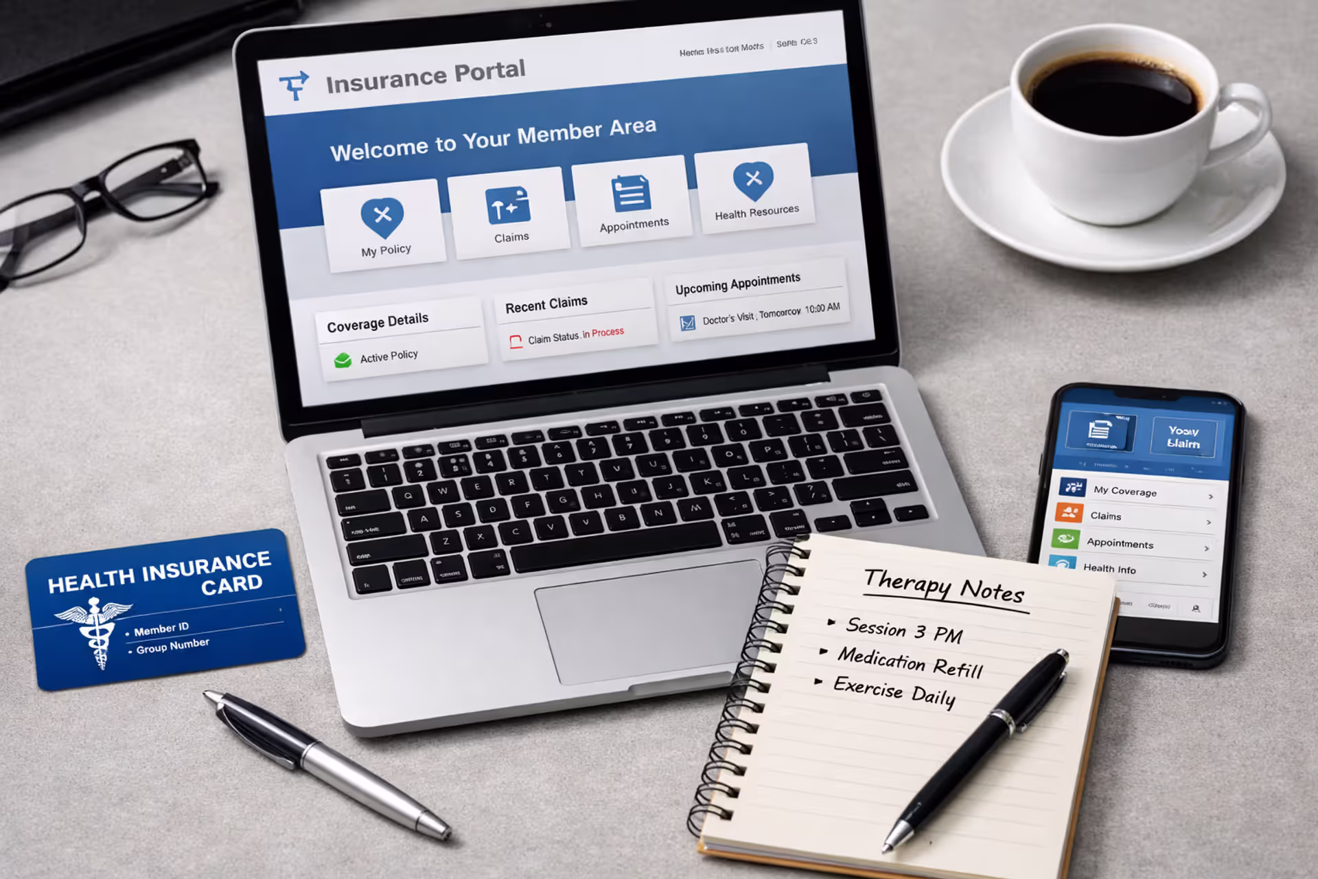 Health insurance card, laptop, and notes about therapy coverage on a desk