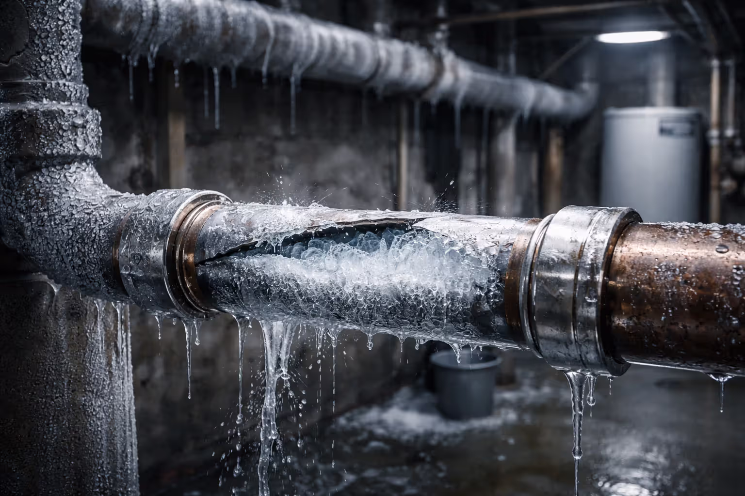 Frozen burst pipe inside a residential home