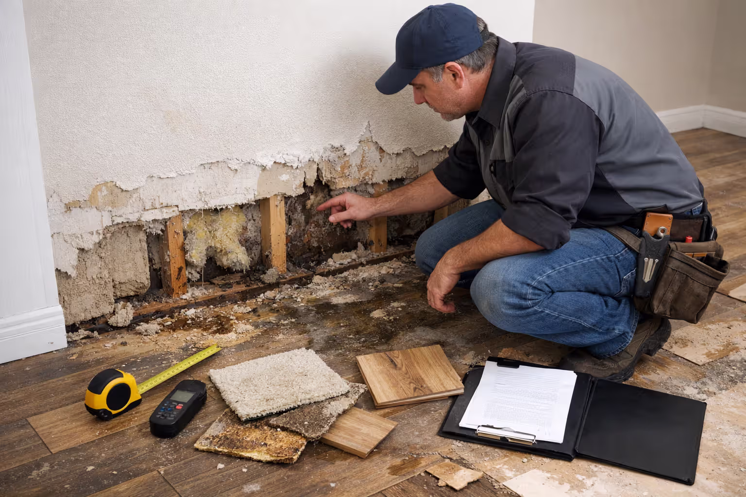 Contractor inspecting water damage inside a home