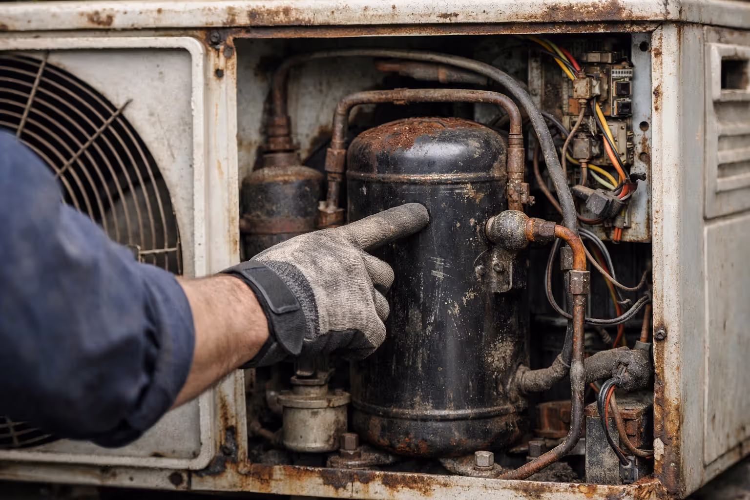 Worn outdoor AC unit being examined for age-related mechanical failure