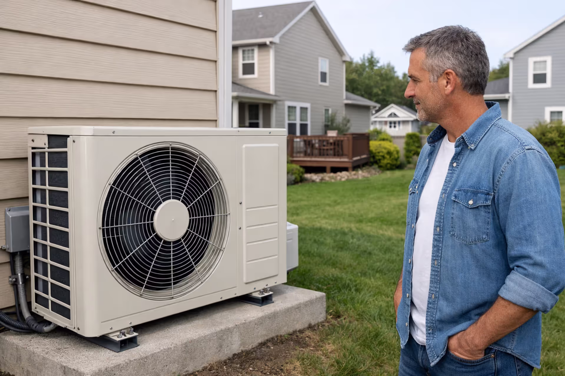 Homeowner standing near outdoor air conditioning unit beside a house