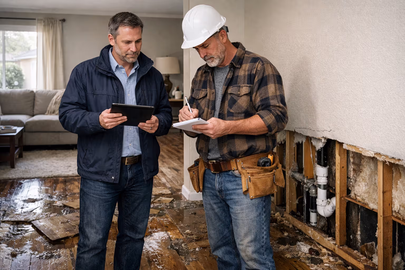 Insurance adjuster and contractor inspecting indoor water damage in a home