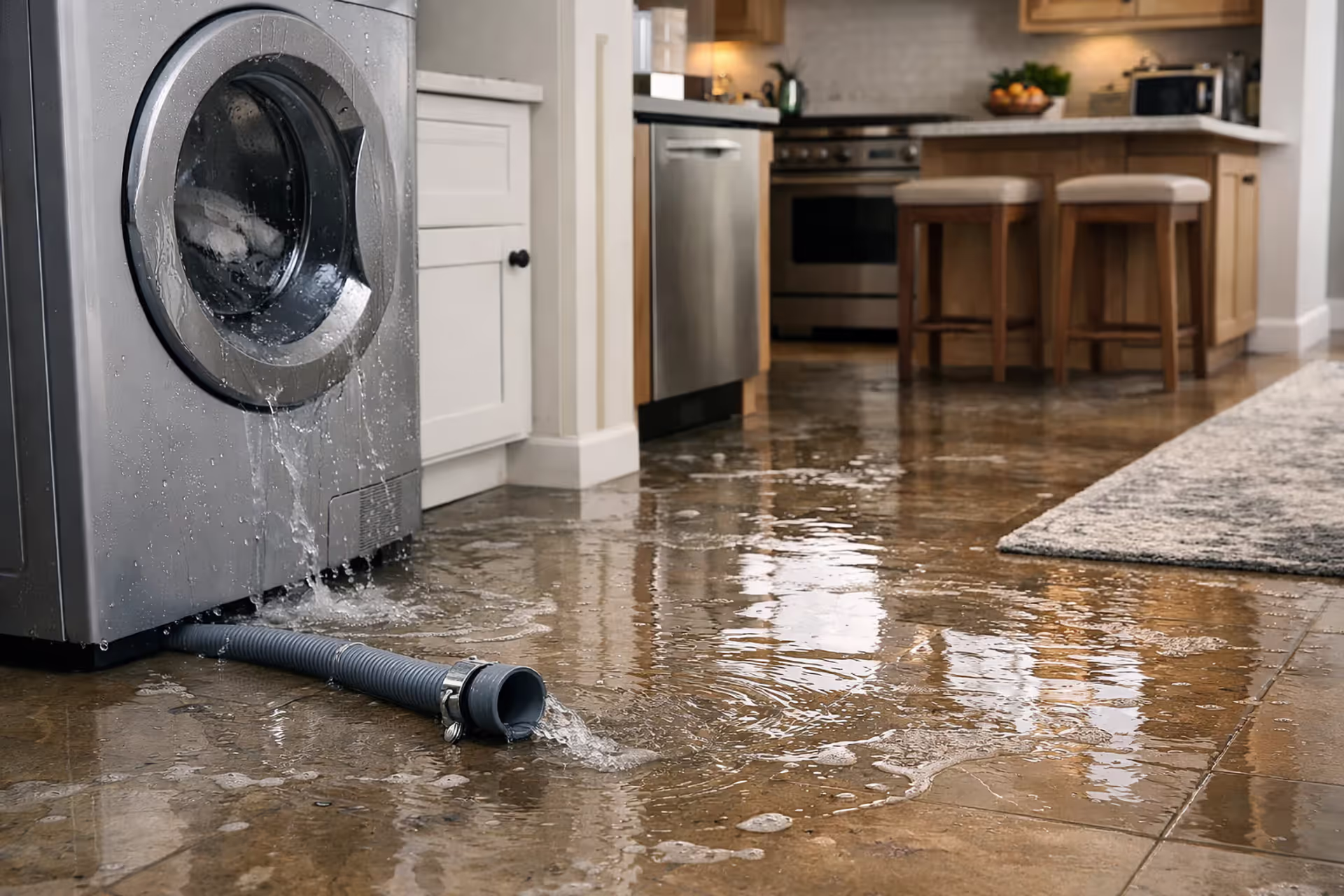 Water damage in a home laundry room and kitchen after a washing machine hose burst