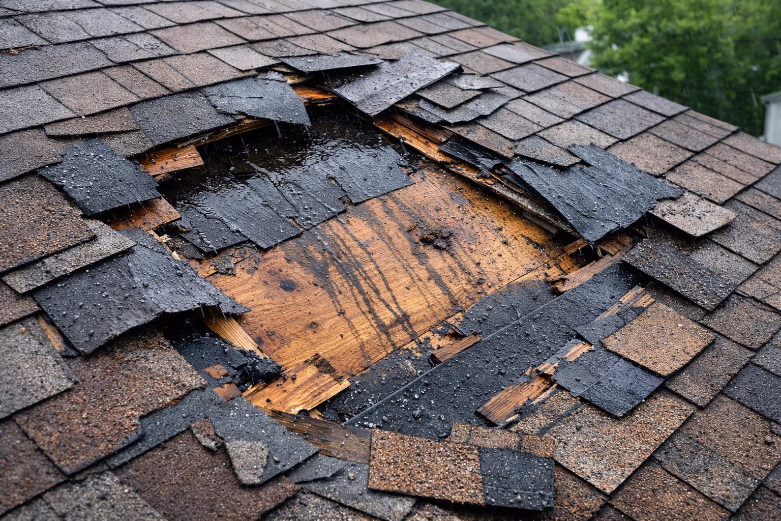 Close-up of wind-damaged roof with missing shingles and exposed underlayment