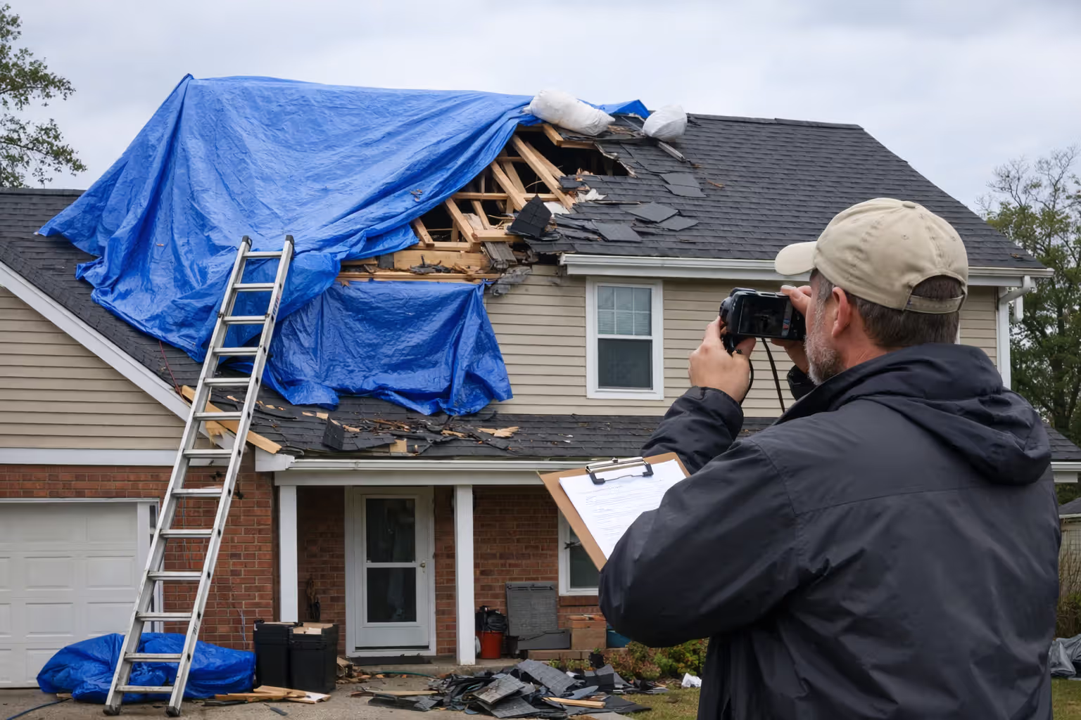 Temporary tarp covering damaged roof after storm