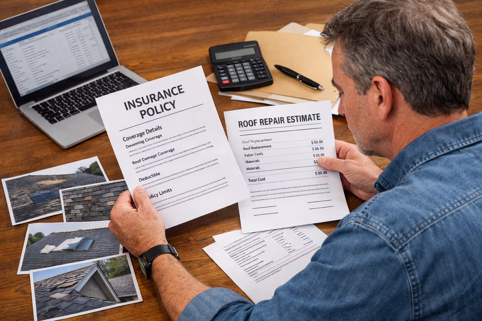 Homeowner reviewing roof insurance policy and repair documents