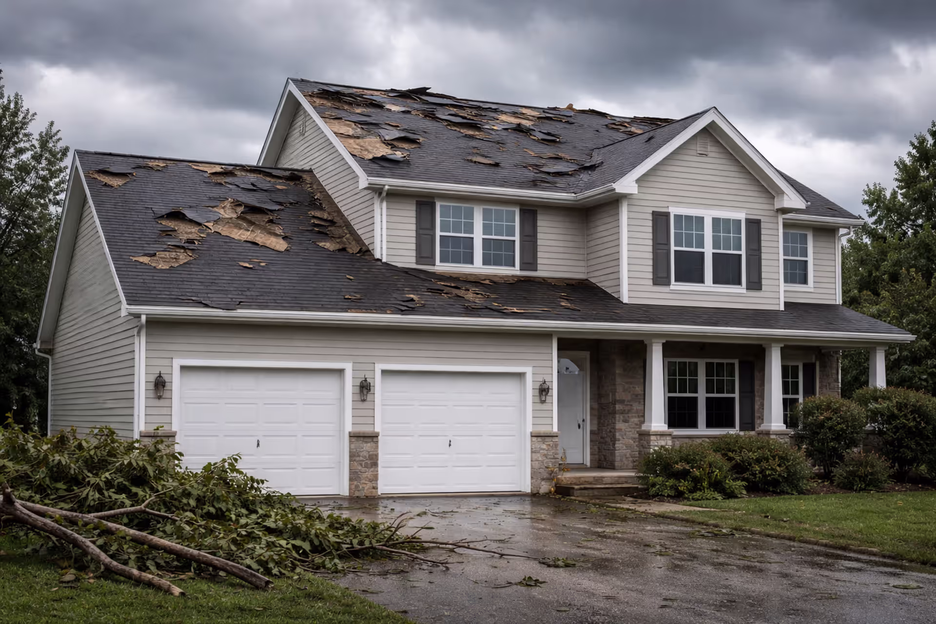 Storm-damaged house roof with missing shingles in a suburban neighborhood