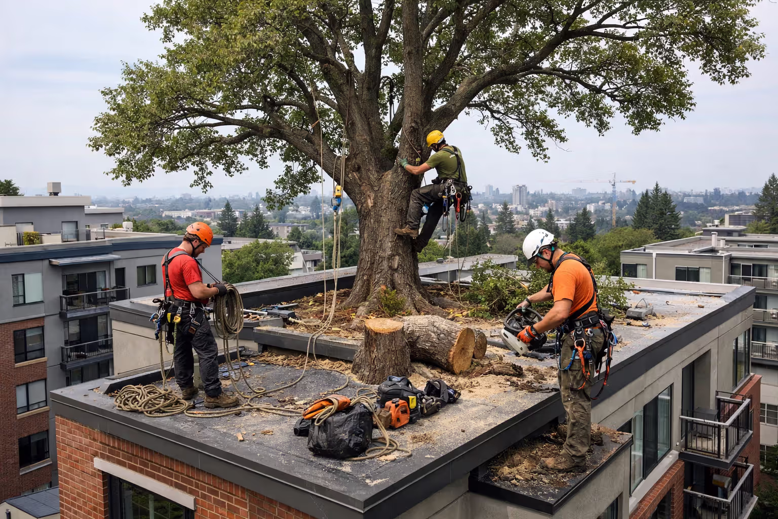 Arborists removing a large fallen tree from a damaged house roof