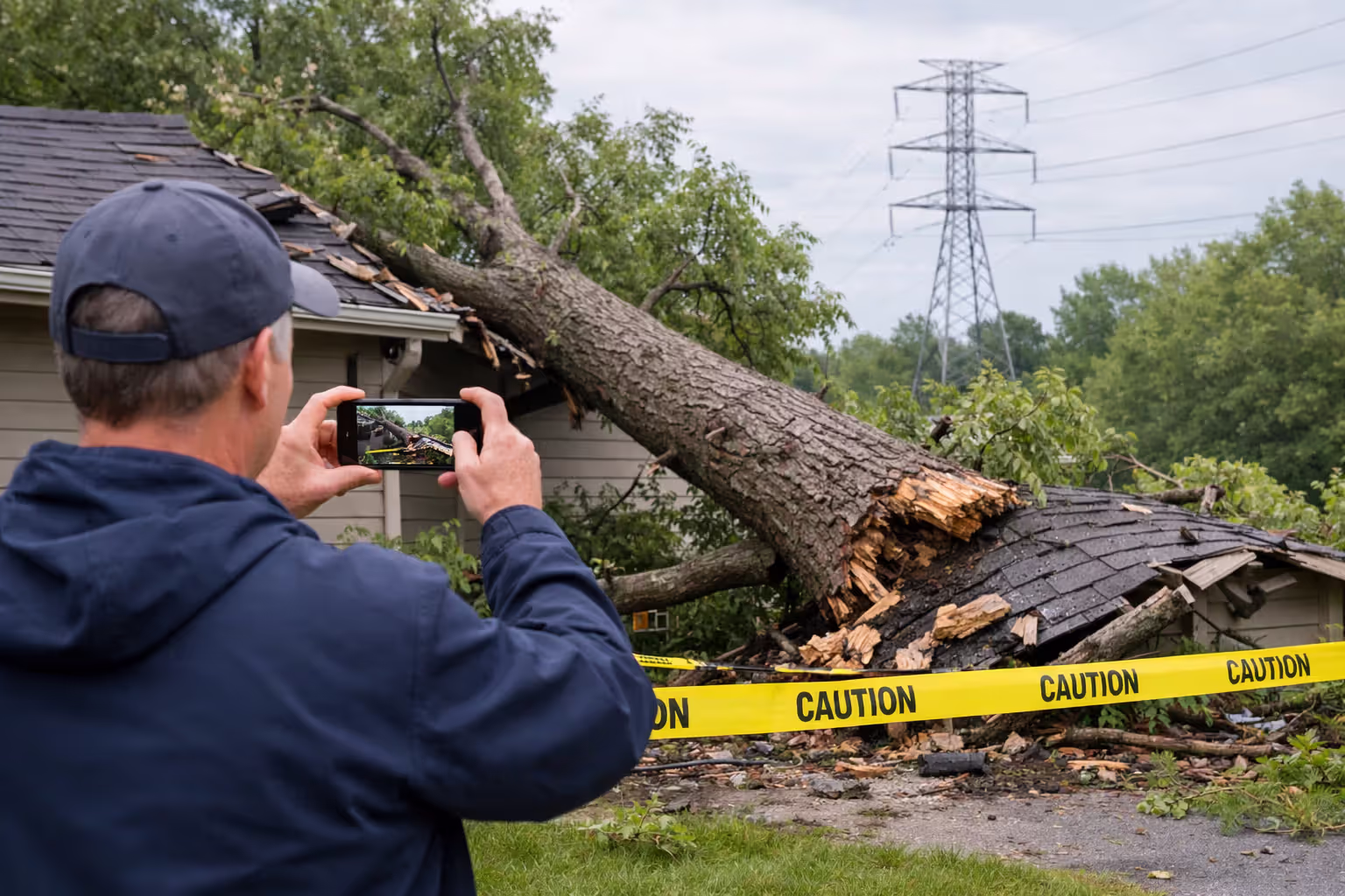 Homeowner documenting storm tree damage near a house with a smartphone