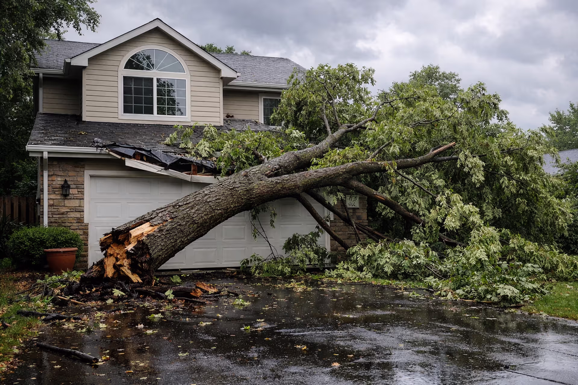 Storm-damaged tree on a suburban house garage after a thunderstorm