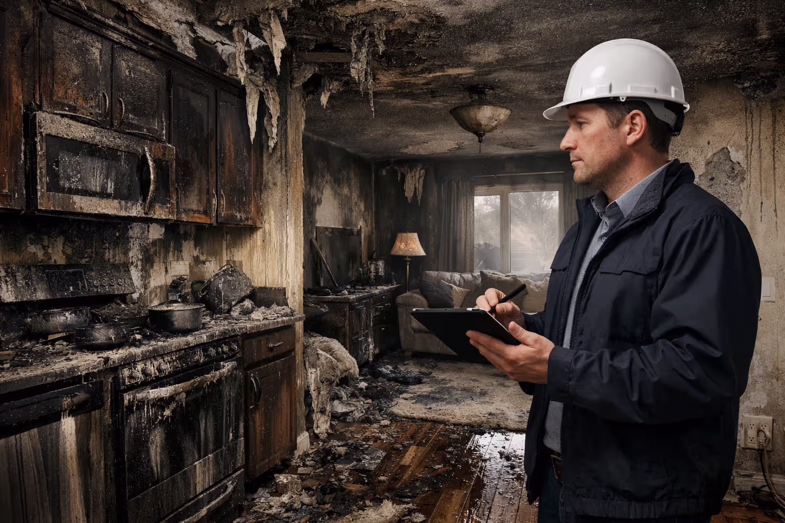Insurance adjuster inspecting home damage after a covered loss