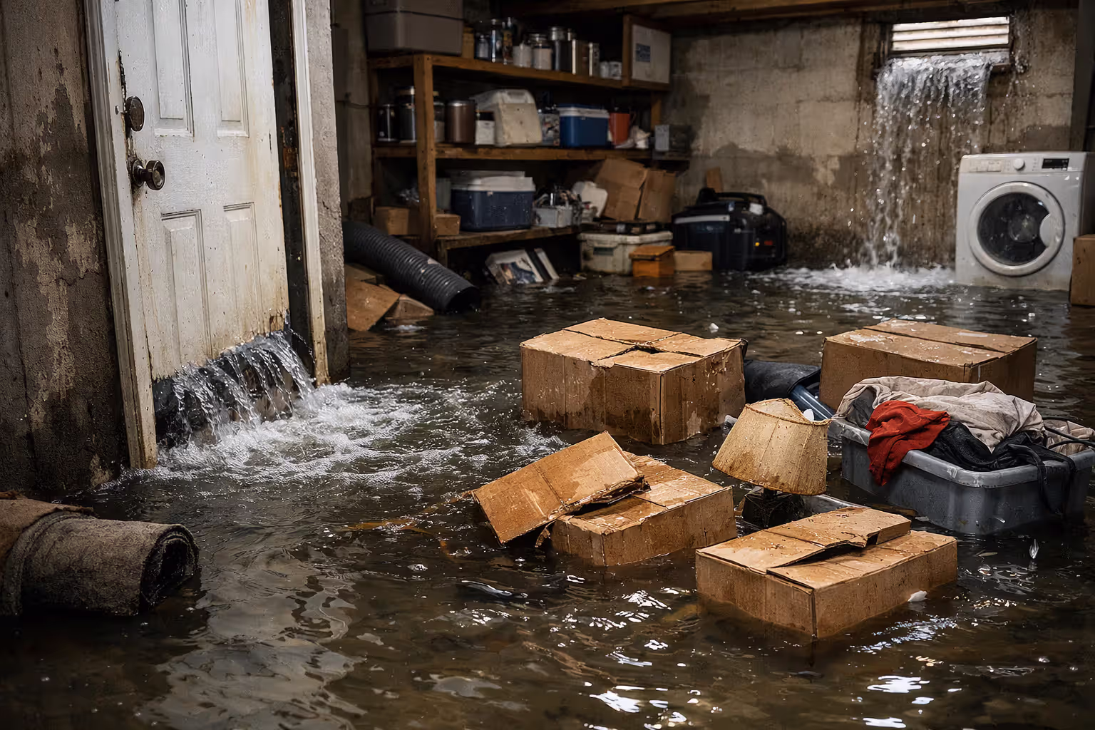 Flood water entering a home basement with damaged household items